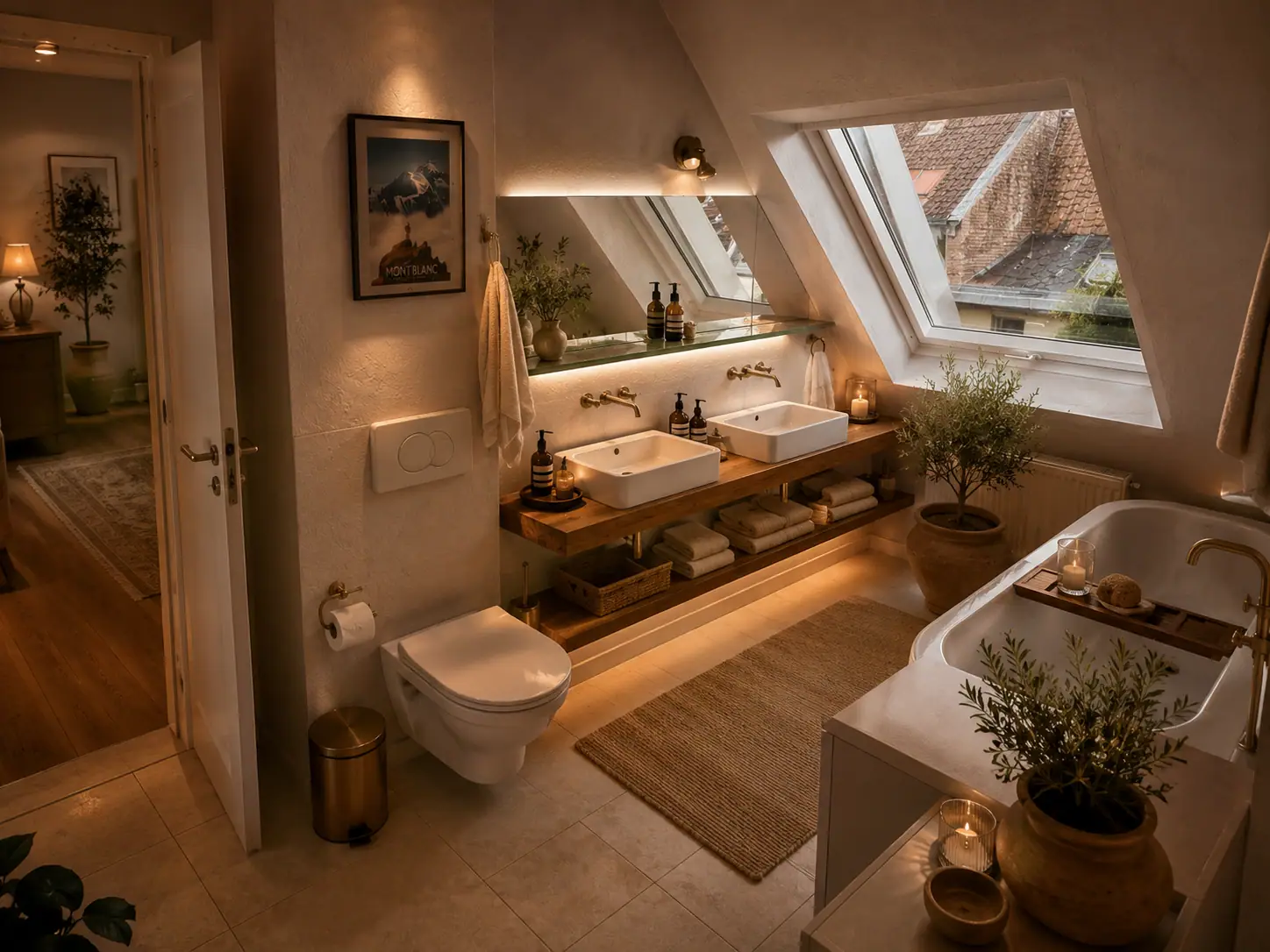 Bad unter einer Dachschräge mit zwei Aufsatzbecken auf Holzplatte, Messingarmaturen, indirektem Licht und Badewanne