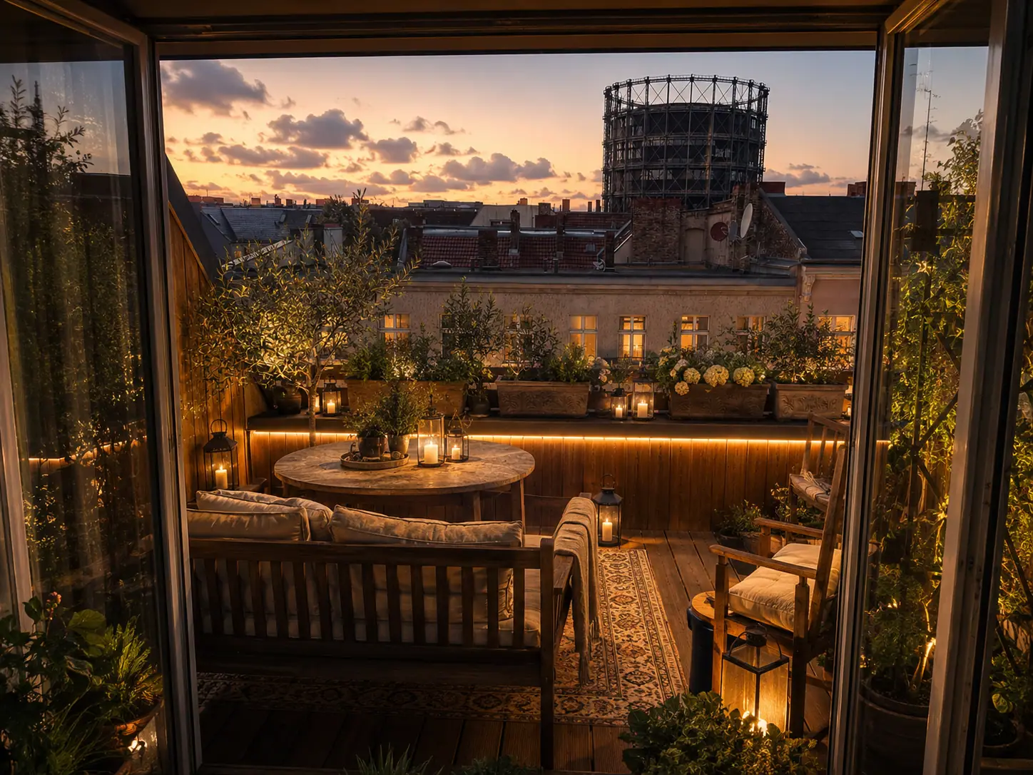 Balkon am Abend mit Holzbank, Laternen und Blick über die Dächer auf den Gasometer Schöneberg