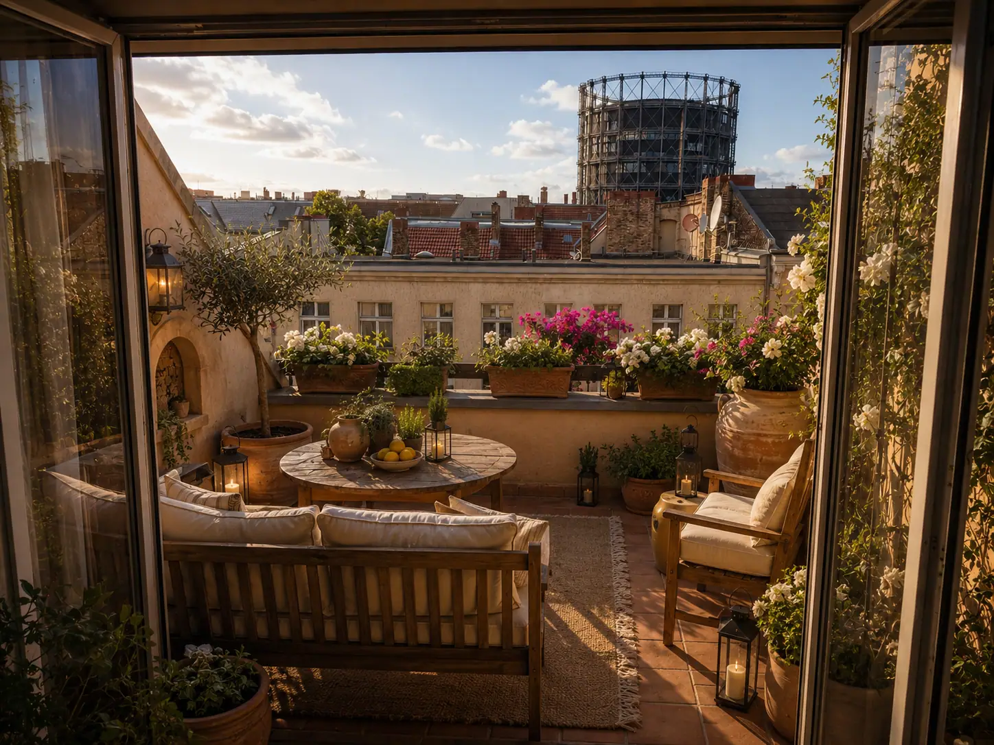 Balkon in der Abendsonne mit Holzbank, Terrakottatöpfen, Blumenkästen und Blick auf den Gasometer Schöneberg