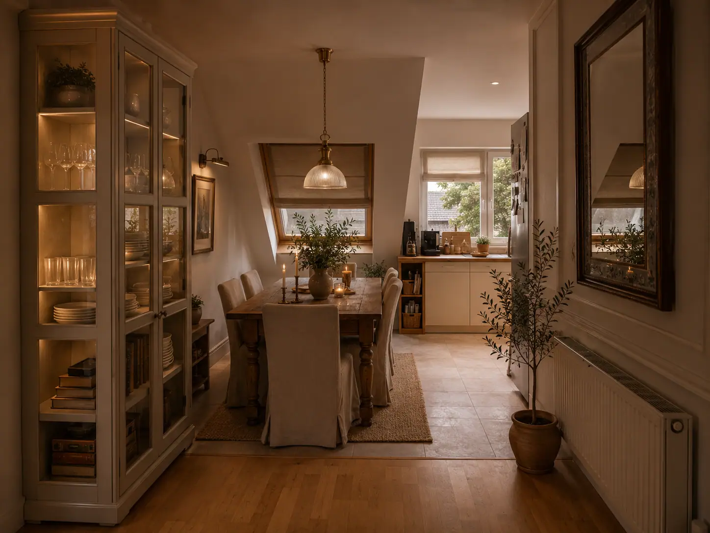 Essbereich unter einer Dachschräge mit Holztisch, Leinenstühlen, Vitrinenschrank und Wandpaneelen