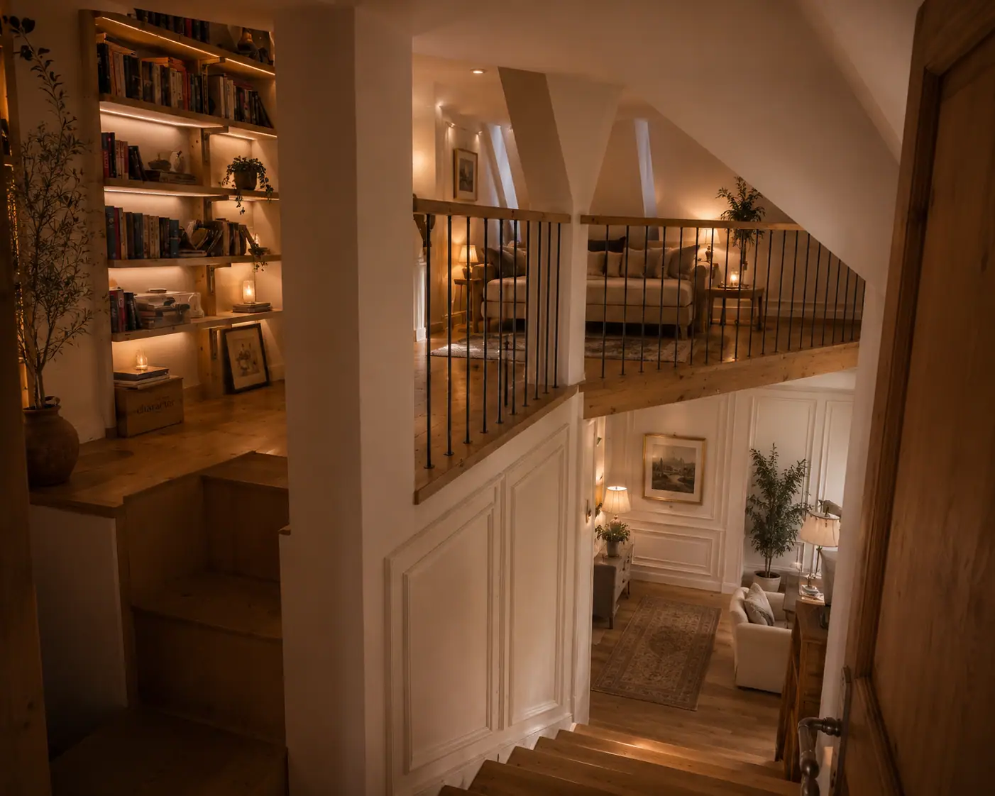 Holztreppe mit Wandpaneelen, Galerie unter dem Dach mit Sofa und beleuchtetem Bücherregal