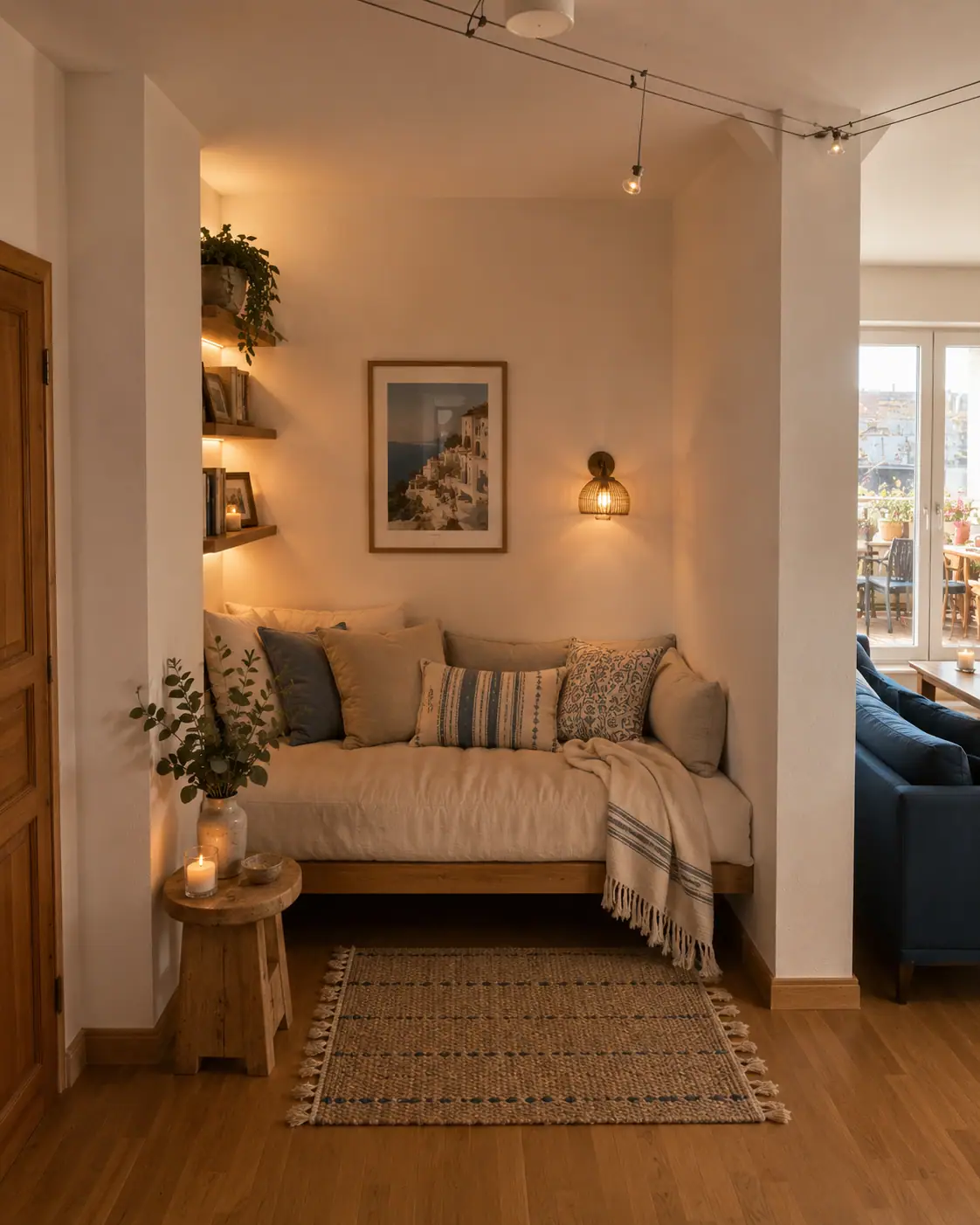 Wandnische mit eingebautem Daybed, Kissen, Regalbrettern mit indirektem Licht und Wandleuchte