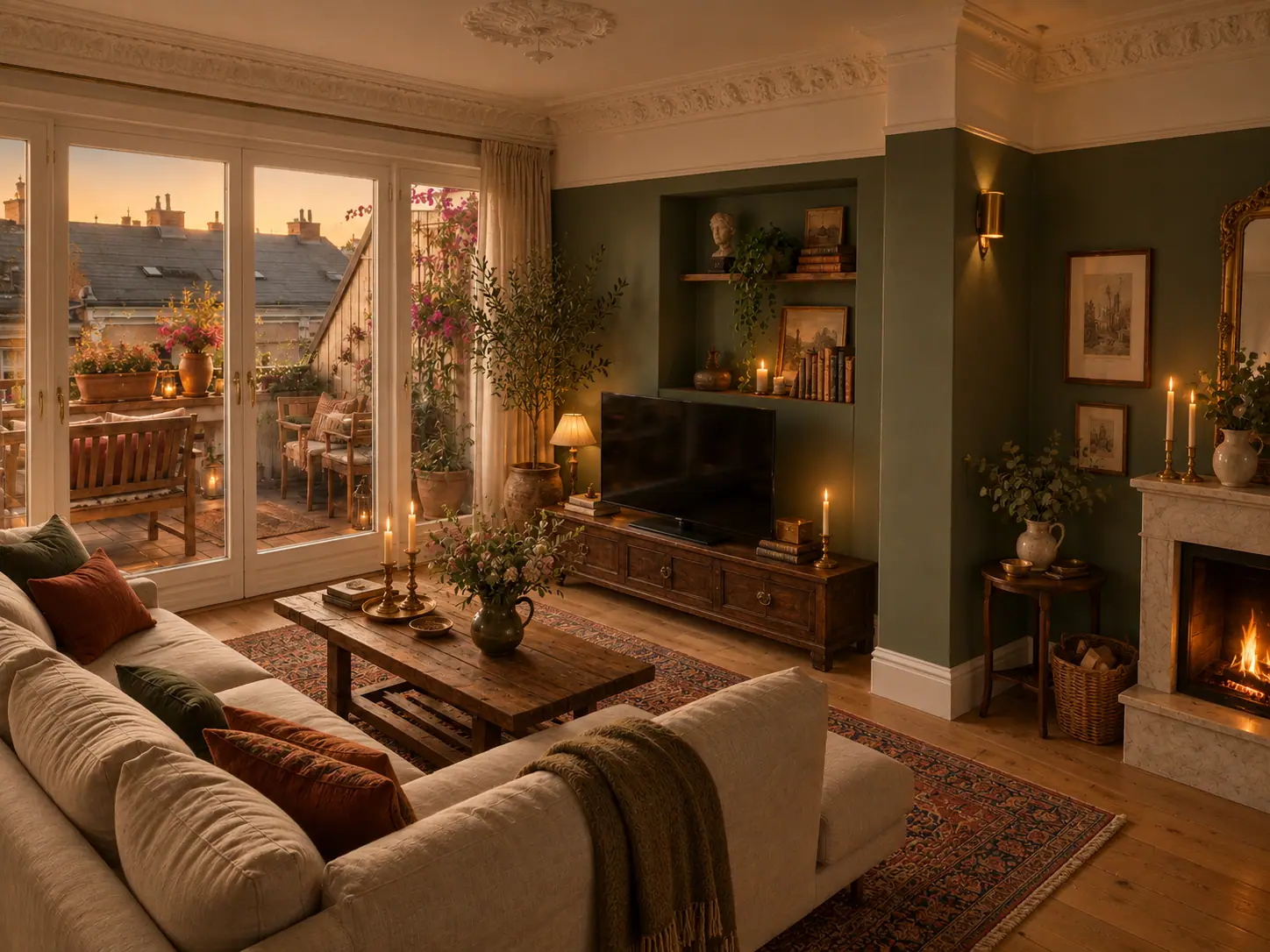 Wohnzimmer im Altbau-Stil mit Stuckdecke, dunkelgrünen Wänden, Marmorkamin und Perserteppich