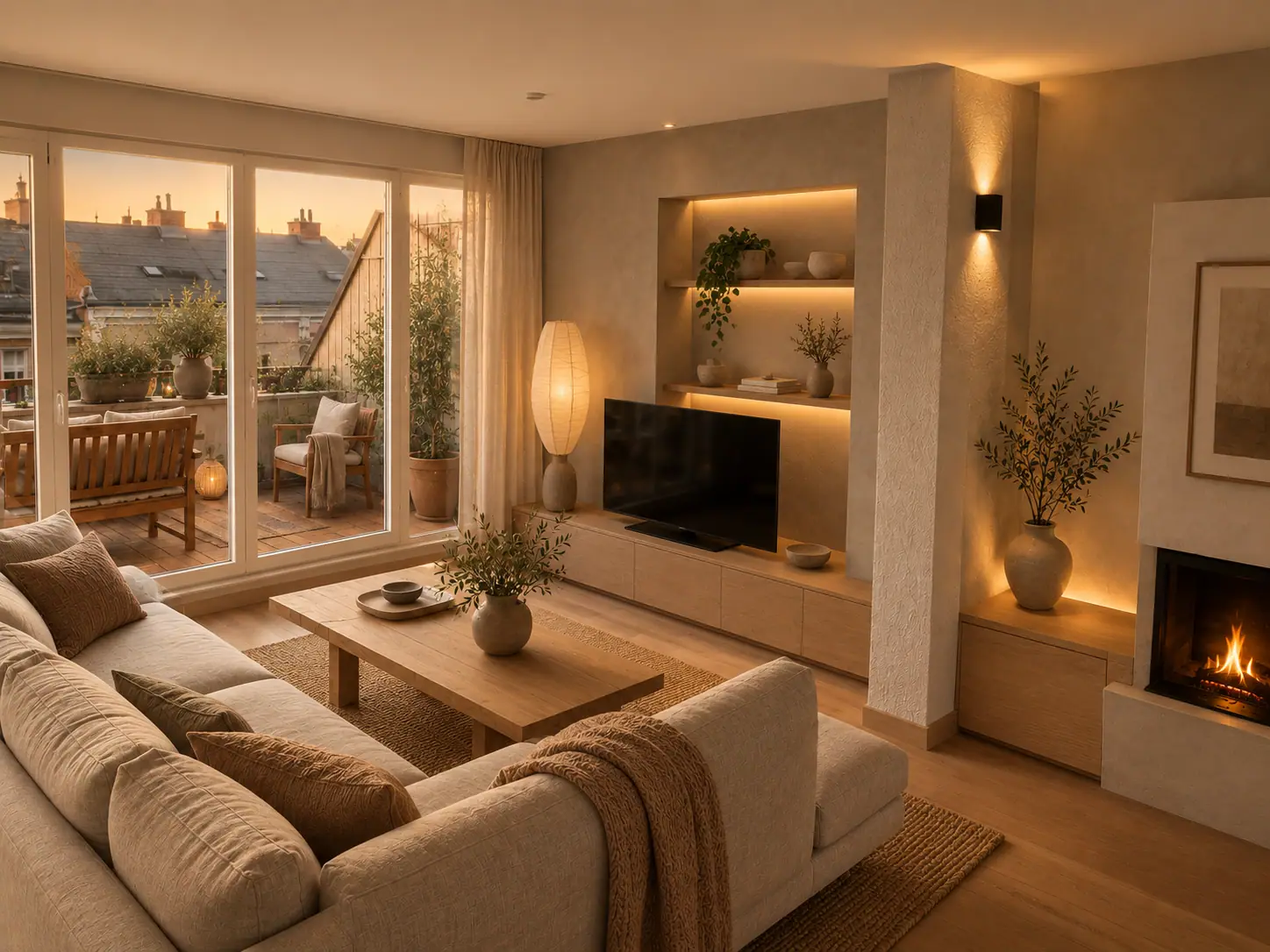 Modernes Wohnzimmer mit Einbaumöbeln aus heller Eiche, beleuchteten Nischenregalen und Kalkputz