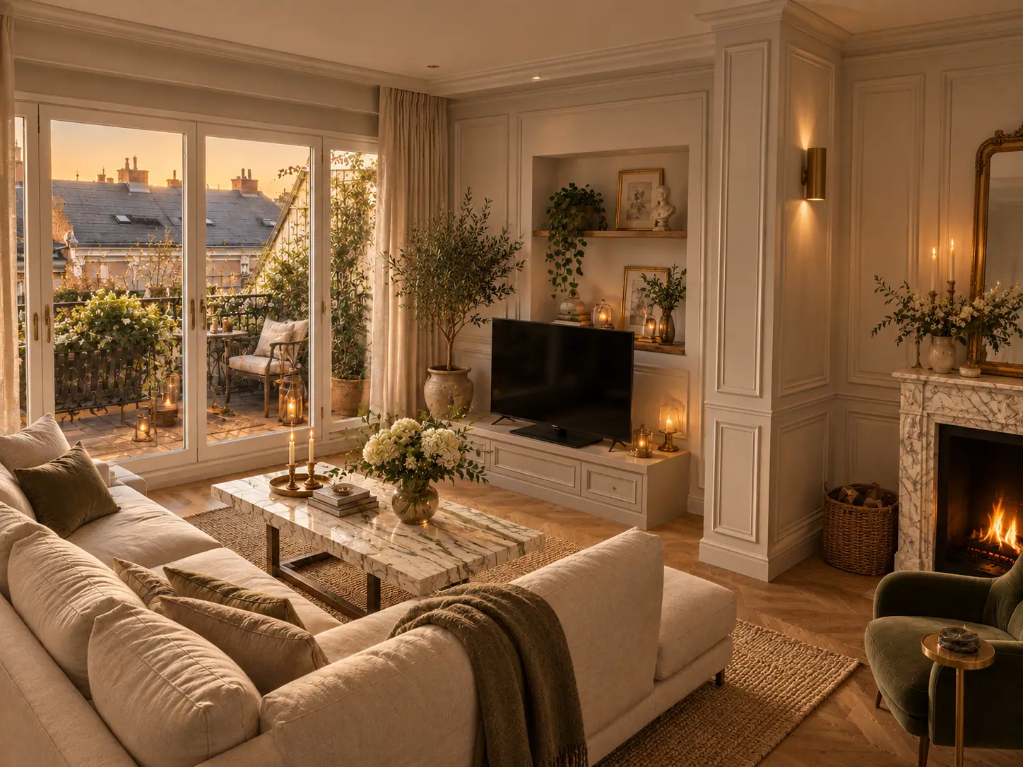 Wohnzimmer im Pariser Stil mit weißen Wandfeldern, Pilaster, Marmorkamin und Fischgrätparkett