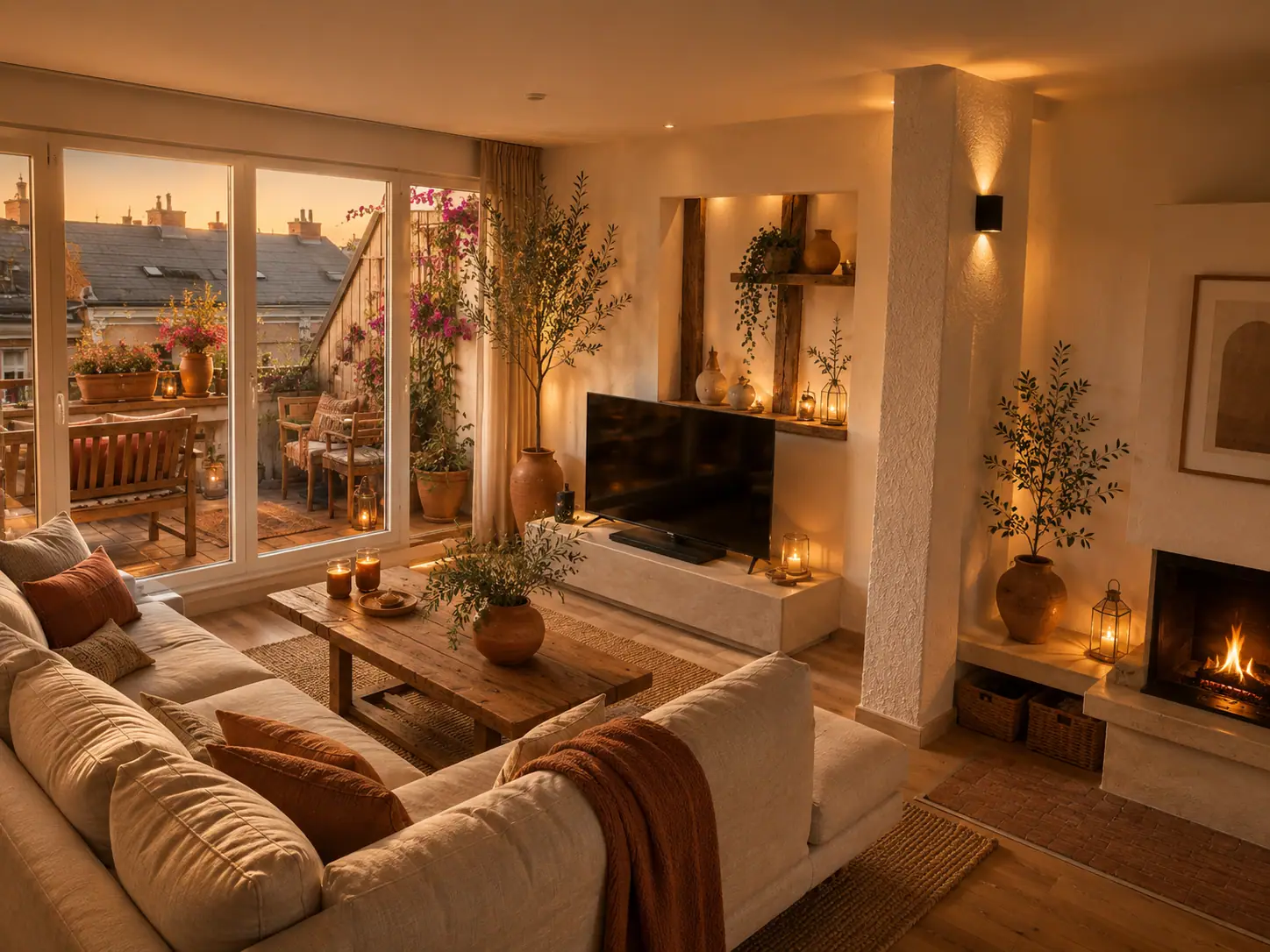 Wohnzimmer mit Leinensofa, beleuchteter Wandnische, Strukturputz an der Säule und Blick auf den Balkon