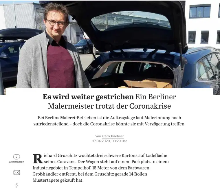 Zeitungsartikel im Tagesspiegel mit der Überschrift „Es wird weiter gestrichen“ über den Malermeisterbetrieb Gruschitz